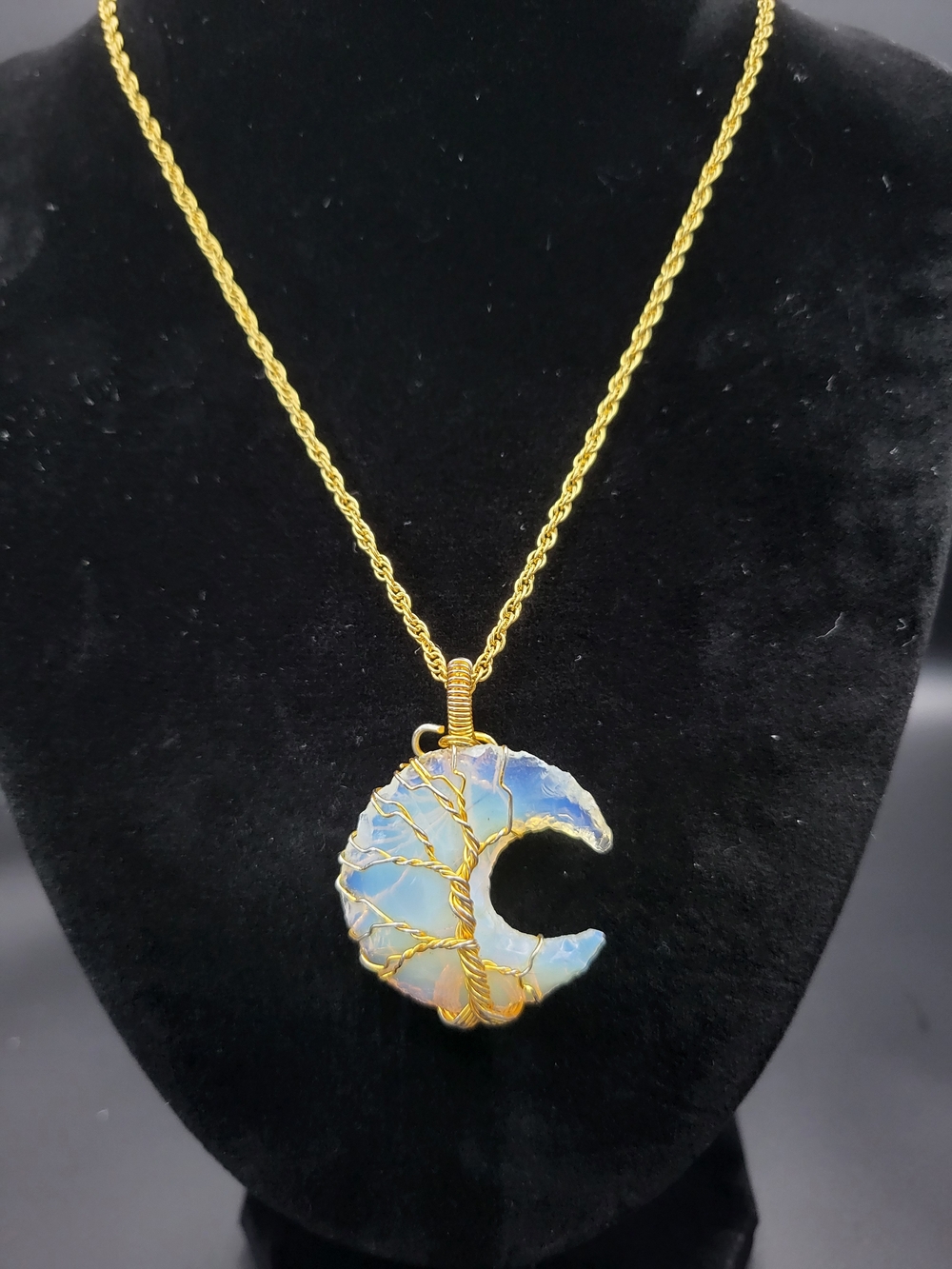 Gold Wire Wrapped Opalite Crescent Moon Pendant Necklace